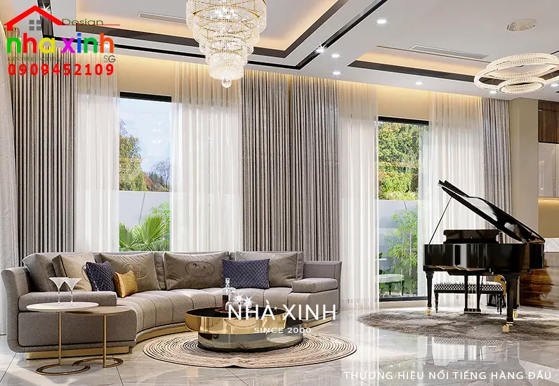 Phòng khách được thiết kế nổi bật với tone màu trung tính nhẹ nhàng 